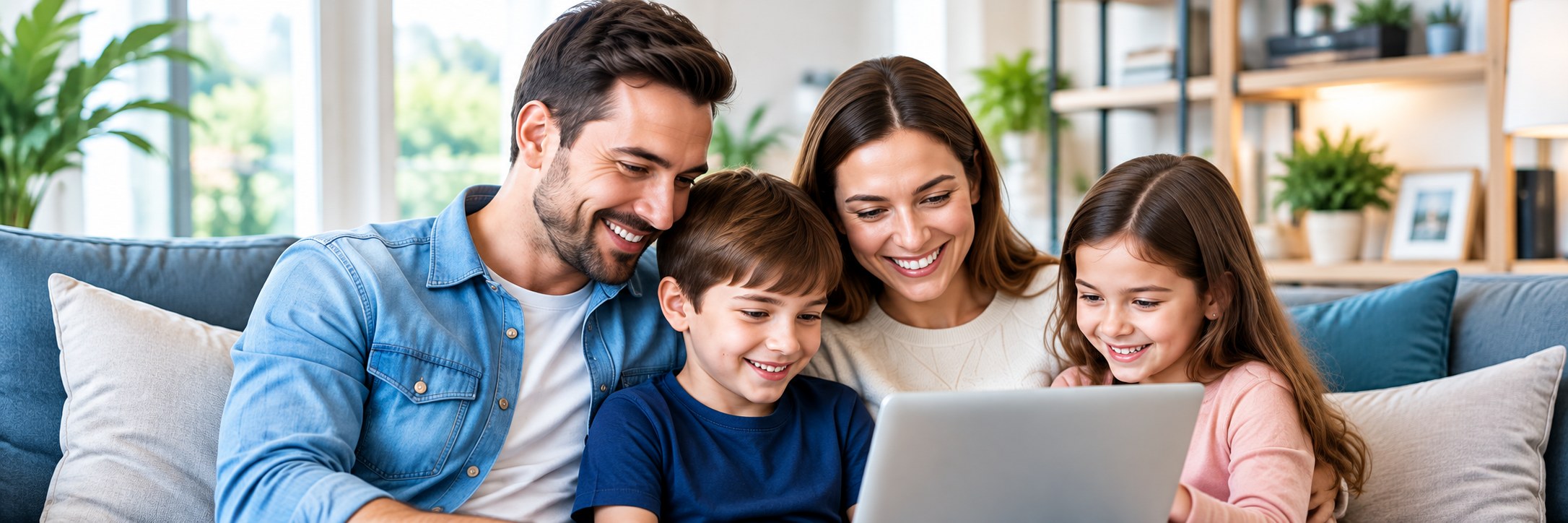 Familia utilizando una computadora portátil en el hogar
